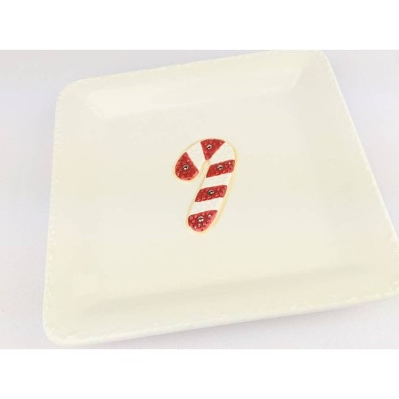 Santa Cookie Plate Red White Candy Cane | Square White Plate Hallmark Holiday - Picture 1 of 9